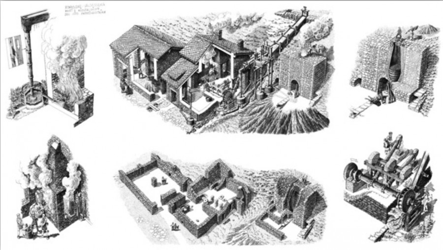 Graphic reconstruction of the Rondolere archeo-ironworks site (drawings by F. Corni)